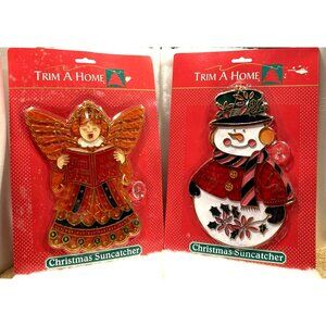 Set of 2 Vintage Christmas Suncatchers Multicolor Angel & Snowman 9" NEW SEALED